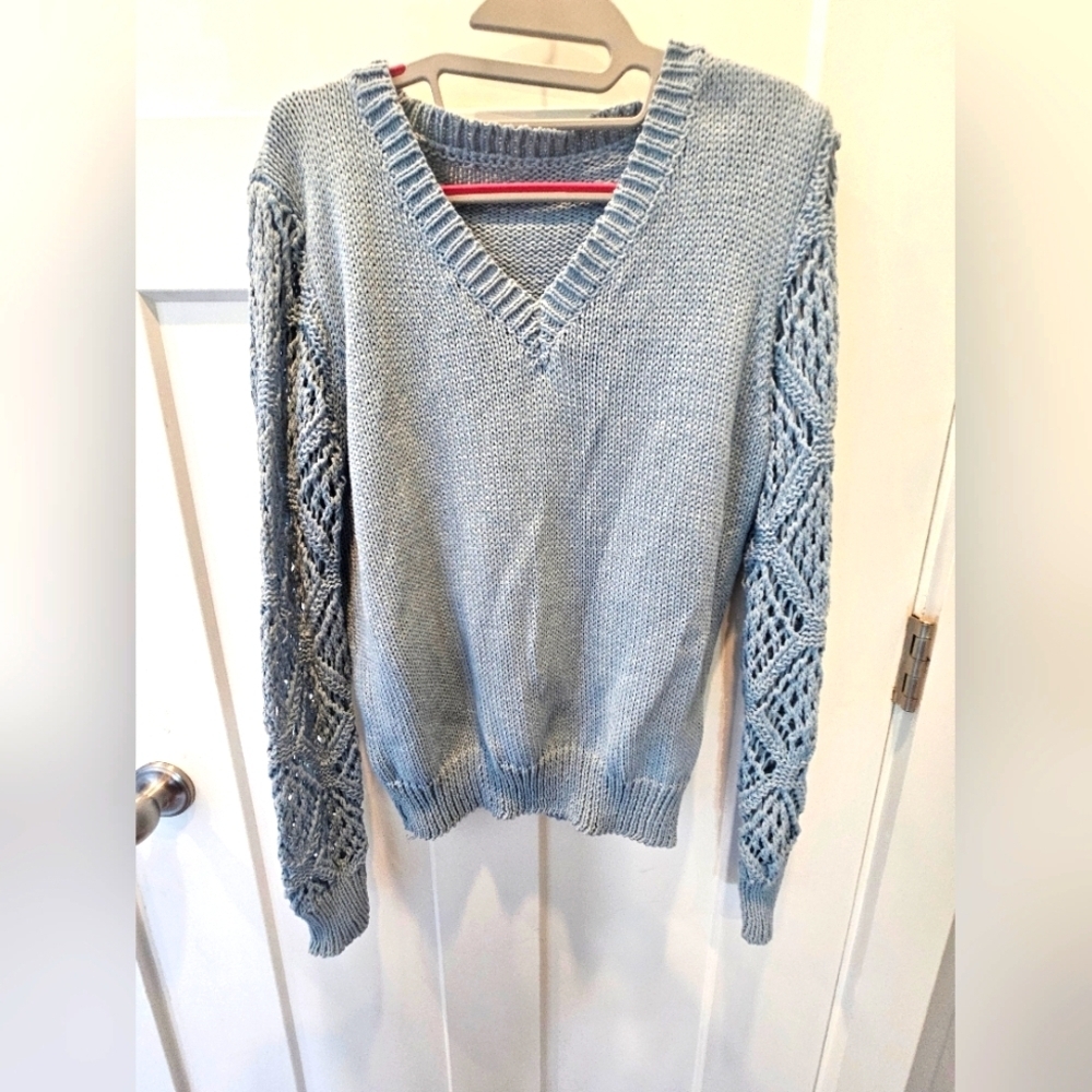 Light Blue Open Knit Sweater Large Crochet Sleeve Pullover Women’s